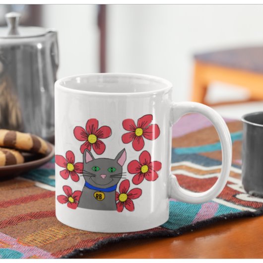 可愛い猫とカスタマイズ花のイニシャル コーヒーマグカップ