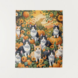 可愛い猫とカボチャが秋の季節 タペストリー
