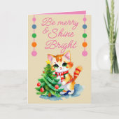 可愛い猫とクリスマスツリーはクリームピンクメリーである シーズンカード (正面)