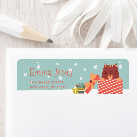 可愛い猫とクリスマスプレゼントアクアグリーンクリスマス ラベル (インサイチュ)