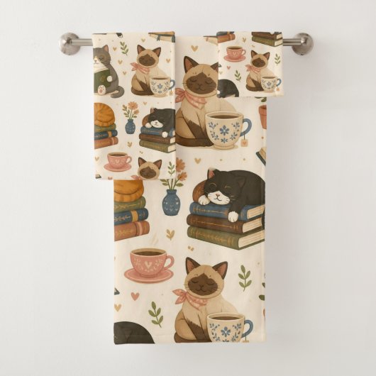 可愛い猫とコーヒーを愛する読書家のための「Cozy Reading Cats and Coffee バスタオルセット (インサイチュ)