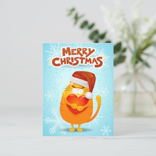 可愛い猫とサンタの帽子とメリークリスマス シーズンポストカード (スタンド正面)