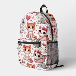 可愛い猫とハート柄バックパック – ピンク&レッド プリントバックパック