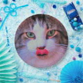 可愛い猫とピンク舌なめくり唇 ペーパープレート (パーティー)