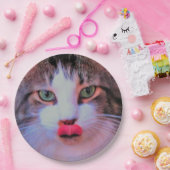 可愛い猫とピンク舌なめくり唇 ペーパープレート (パーティー)