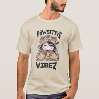 可愛い猫とフード付きスウェットシャツ:「パウィスティティブなヴィベズデザイン Tシャツ