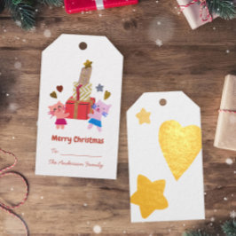 可愛い猫とプレゼントのスターハートホワイトクリスマス ギフトタグ