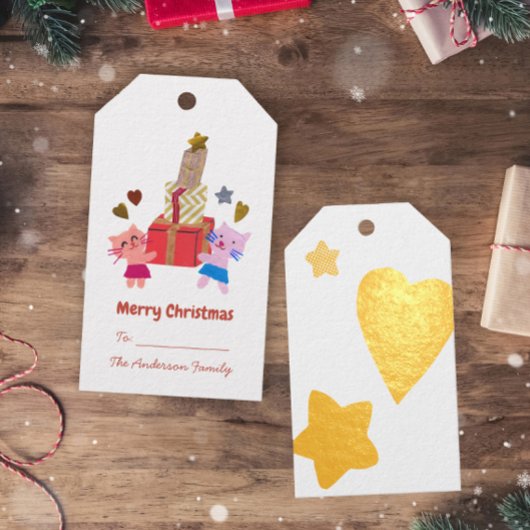 可愛い猫とプレゼントのスターハートホワイトクリスマス ギフトタグ