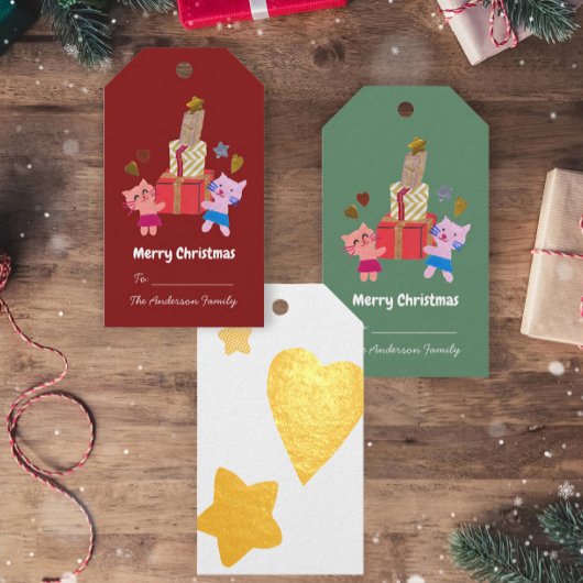 可愛い猫とプレゼントのハートは緑のクリスマス ギフトタグ