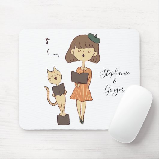 可愛い猫と女の子がマウスパーソナライズされたパッドを歌う マウスパッド (マウス)