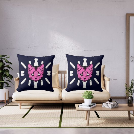 可愛い猫と白いストライプ深い海軍 クッション