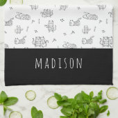 可愛い猫と白黒のドードルパターン キッチンタオル (折り畳み)