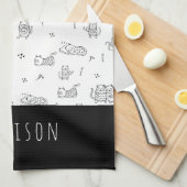 可愛い猫と白黒のドードルパターン キッチンタオル (四つ折り)