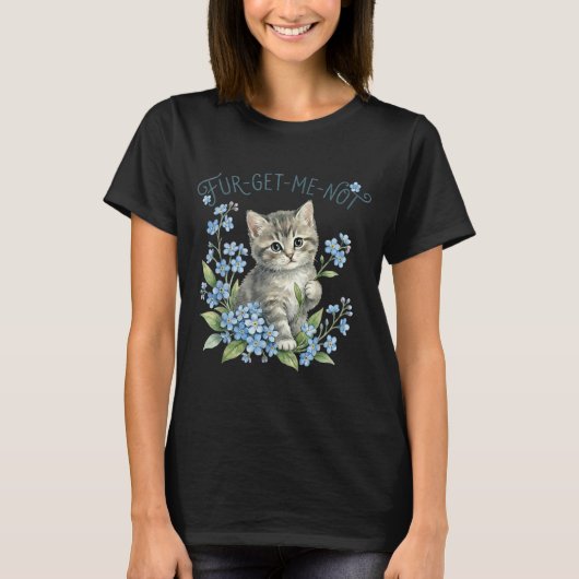 可愛い猫と花のワスレナグサギフト 女性 Tシャツ (正面)