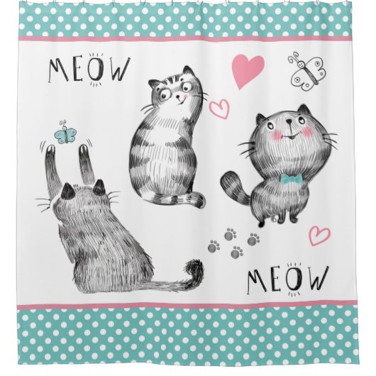 可愛い猫と蝶シャワーカーテン シャワーカーテン (正面)