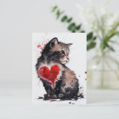 可愛い猫と赤いハートの水彩ラブカード ポストカード (スタンド正面)
