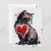 可愛い猫と赤いハートの水彩ラブカード ポストカード (正面/裏面)