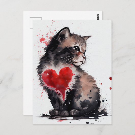可愛い猫と赤いハートの水彩ラブカード ポストカード (正面/裏面)