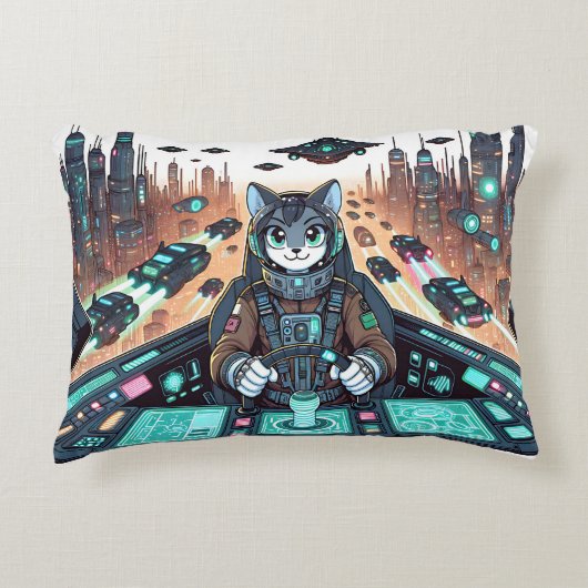 可愛い猫のようなパイロットは未来的に歩く アクセントクッション (正面)