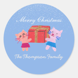 可愛い猫のギフトボックス青クリスマス ラウンドシール