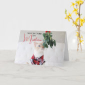 可愛い猫のクリスマスに爪先立ちで会う カード (黄色い花)