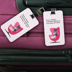 可愛い猫のドットが2つ付いたMIdセンチュリーピンクの椅子 ラゲッジタグ