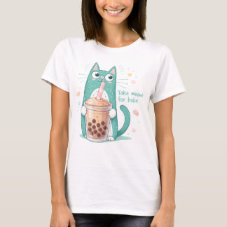 可愛い猫のボバ飲みTシャツ、かわいい猫のバブル Tシャツ