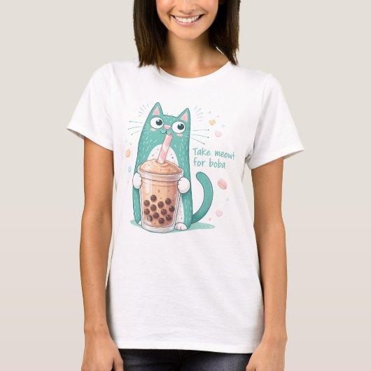 可愛い猫のボバ飲みTシャツ、かわいい猫のバブル Tシャツ (正面)
