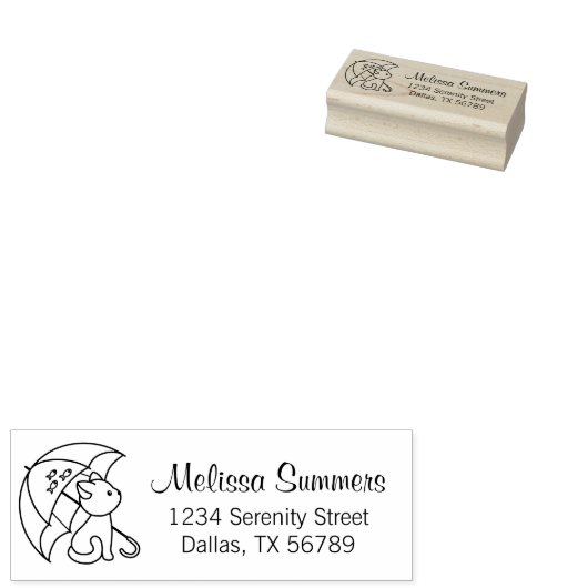 可愛い猫の傘の下の住所ゴム印 ラバースタンプ (押印)