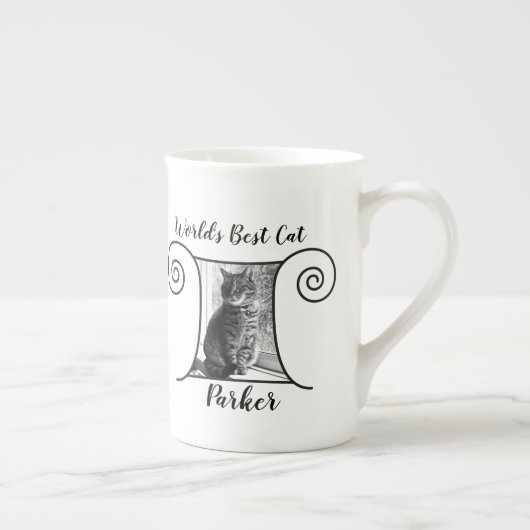 可愛い猫の写真ボホのスタイル枠とテキスト ボーンチャイナマグカップ (右)