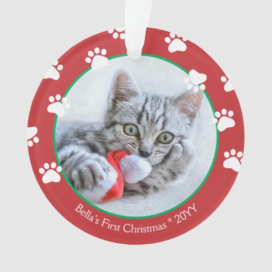 可愛い猫の初めてのクリスマスポープリント赤グリーン オーナメント (正面)