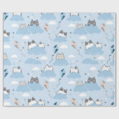 可愛い猫の包み紙 – 凧を青にした猫 ラッピングペーパー (フラット)