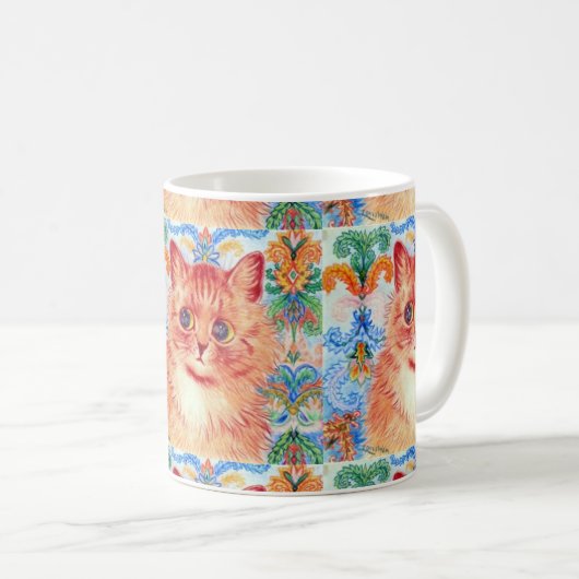 可愛い猫の柄の後ろには抽象芸術柄のルイ・ワーイン コーヒーマグカップ (正面右)