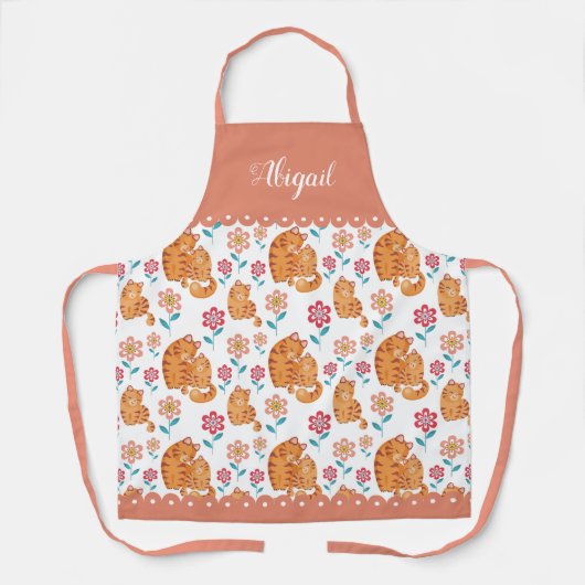 可愛い猫の母ベビー花柄縁ど エプロン (正面)