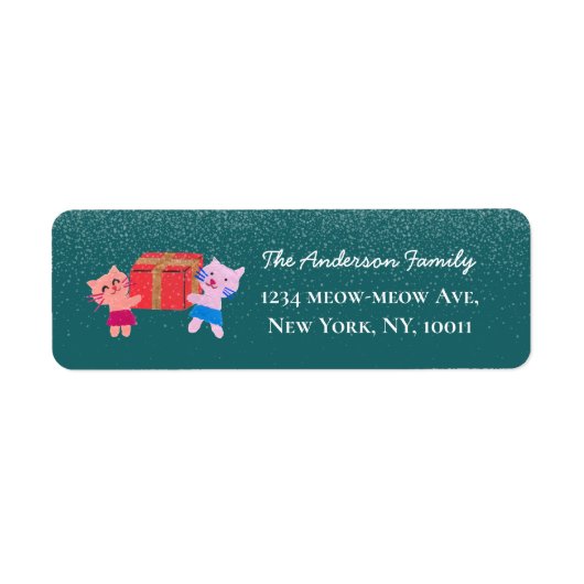 可愛い猫の雪降りグリーンクリスマス差出人住所 ラベル (正面)
