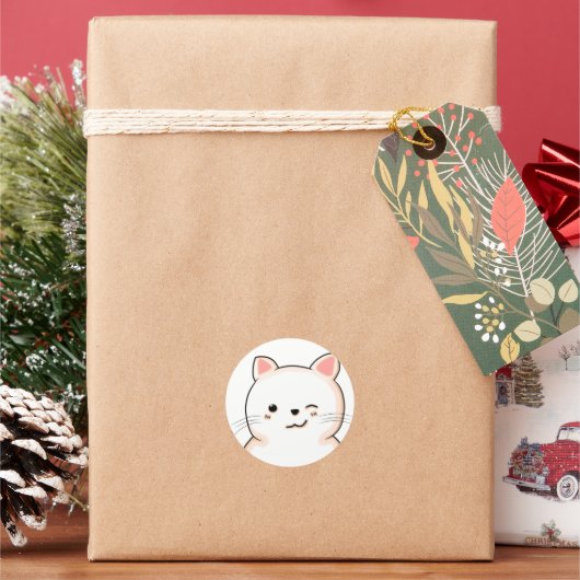 可愛い猫ひげウィンク白い猫ペットオーナー ラウンドシール (クリスマス)