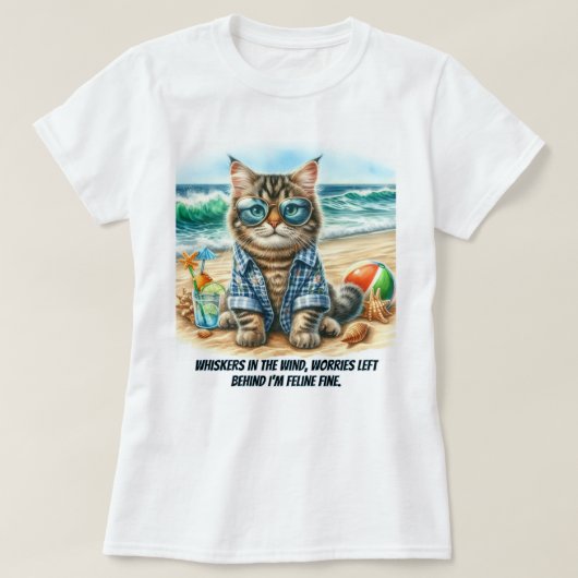 可愛い猫アットビーチ猫好きTシャツ Tシャツ (デザイン正面)