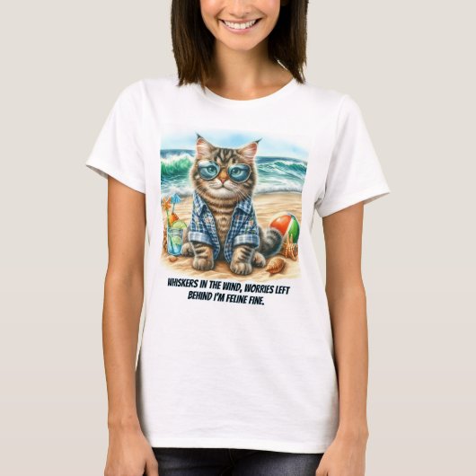 可愛い猫アットビーチ猫好きTシャツ Tシャツ (正面)