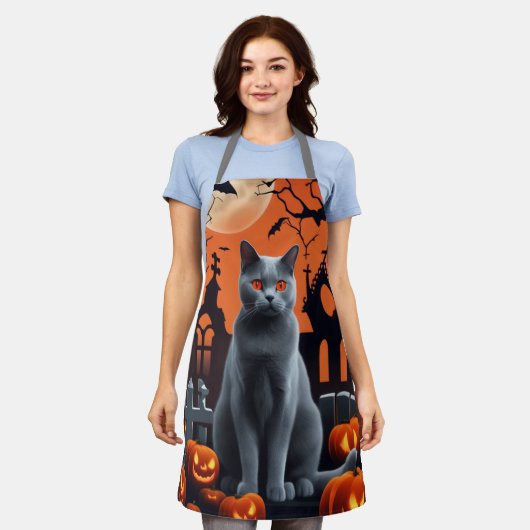 可愛い猫エプロンハロウィーンチャートルー猫 エプロン (着用した状態)