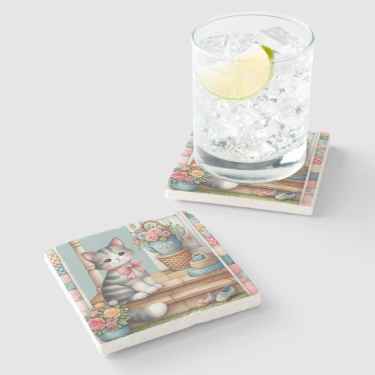 可愛い猫オンポーチ花パッチワーク ストーンコースター (横)