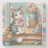 可愛い猫オンポーチ花パッチワーク ストーンコースター (正面)