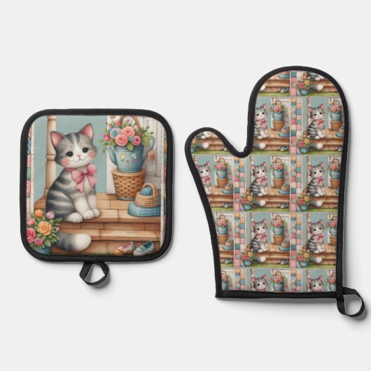 可愛い猫オンポーチ花パッチワーク 鍋つかみ&鍋敷きセット (正面)