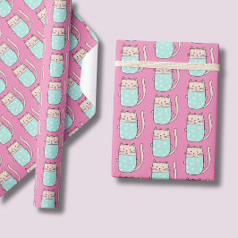 可愛い猫ガールズピンク ラッピングペーパー