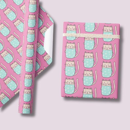 可愛い猫ガールズピンク ラッピングペーパー