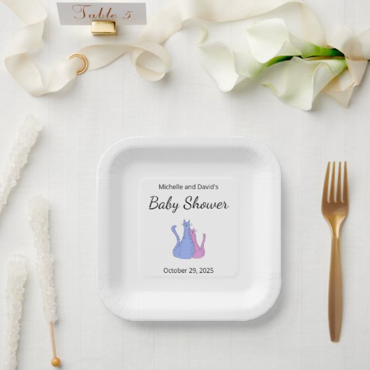 可愛い猫ツインズベイビーシャワーブルーピンク ペーパープレート (ウェディング)