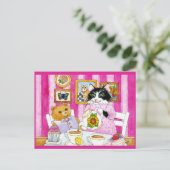 可愛い猫テディベアお茶パーティー葉書 ポストカード (スタンド正面)