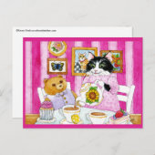 可愛い猫テディベアお茶パーティー葉書 ポストカード (正面/裏面)