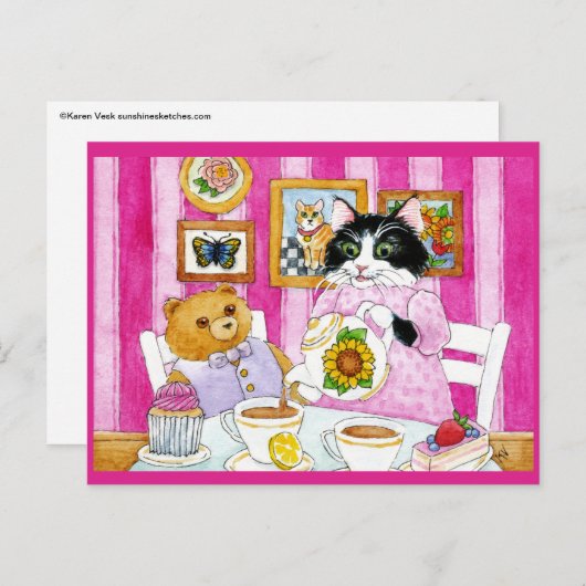 可愛い猫テディベアお茶パーティー葉書 ポストカード (正面/裏面)