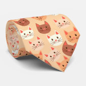 可愛い猫ネコ顔柄ピーチホワイト ネクタイ (ロール)