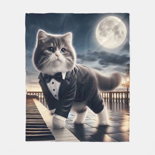 可愛い猫パウ遊ディジーと月明かりのソナタ フリースブランケット (正面)